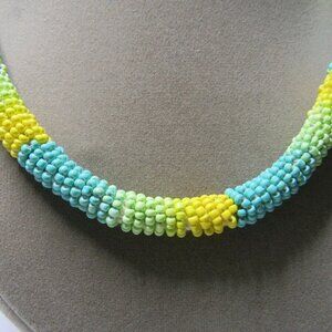 Seed Bead Rope Necklace Blue Yellow Green Spring S